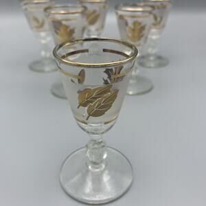 Mid Century Vintage Libbey Shot Glasses, Set Of Six, Frosted With Gold Leaf